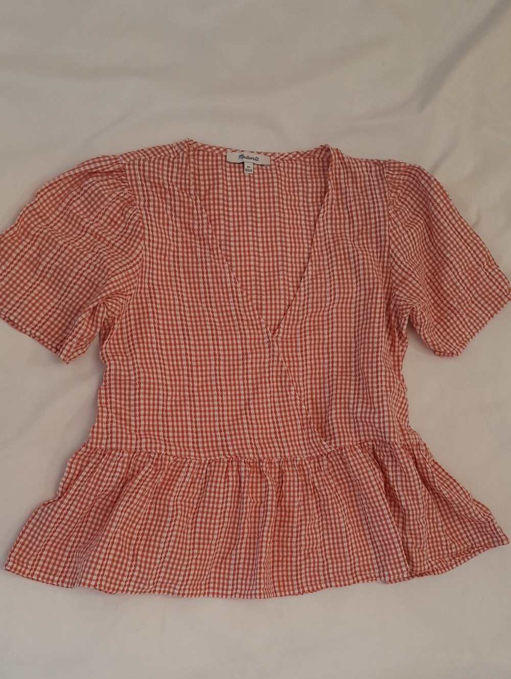 Madewell Red Gingham Peplum Wrap-Style Blouse, Vneck, 100% Cotton, XS